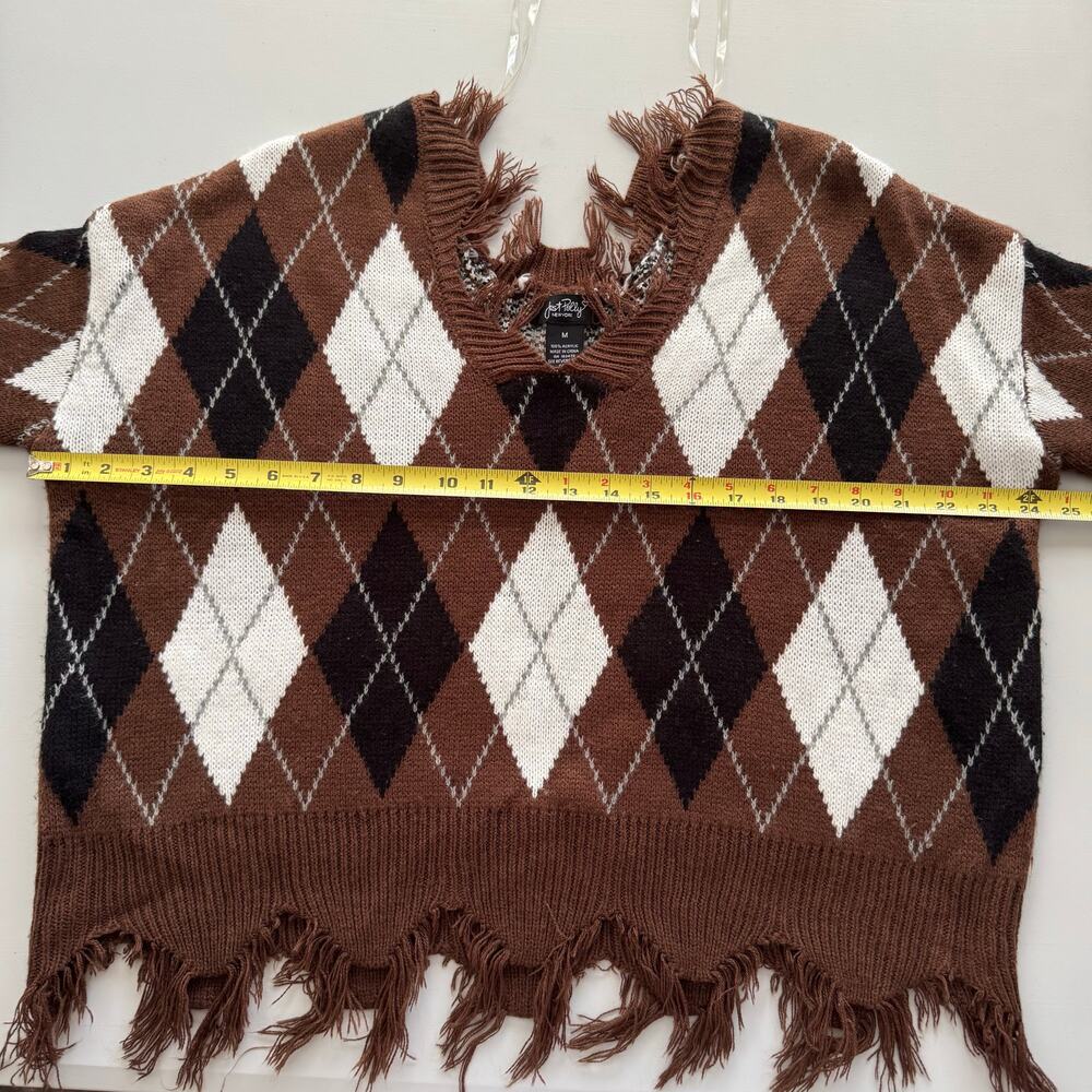 Just Polly NY Argyle Plaid Fringe Hem Long Sleeve Preppy Academia Sweater Size M - Picture 5 of 7